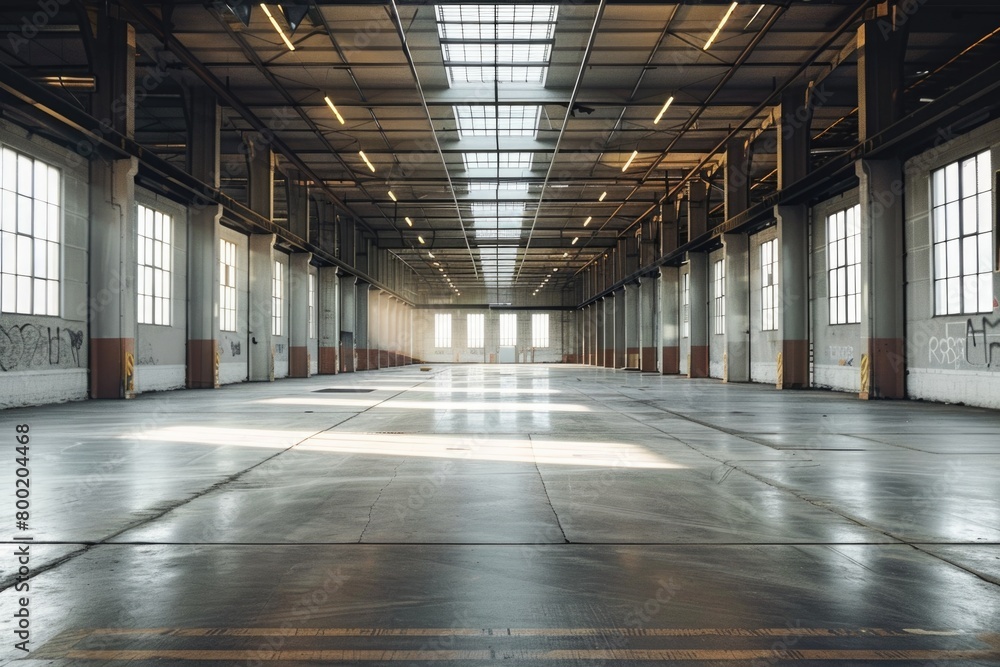 Large empty warehouse with glossy concrete floor