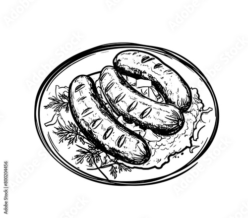 Meat sausages on plate. Food of different countries. Black and white outline on white background. Hatching. photo