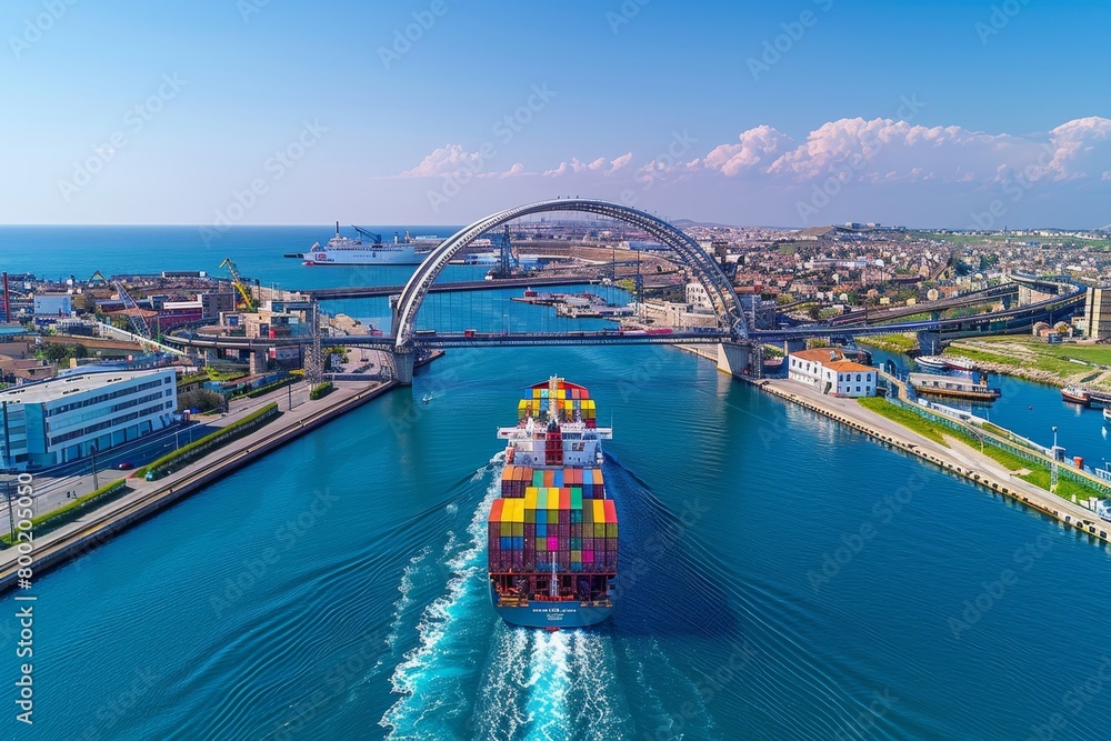 Naklejka premium Aerial perspective of cargo vessel with vivid containers sailing under expansive industrial bridge