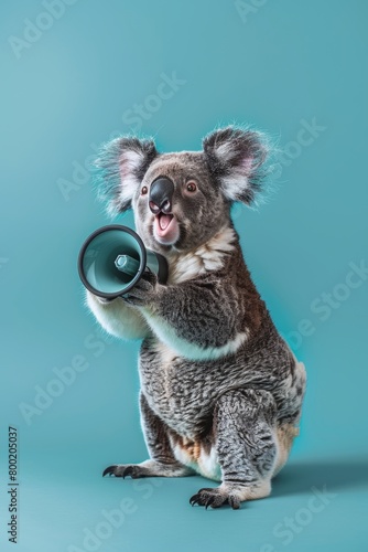 Koala bear using hand speaker for important notification and warning announcement