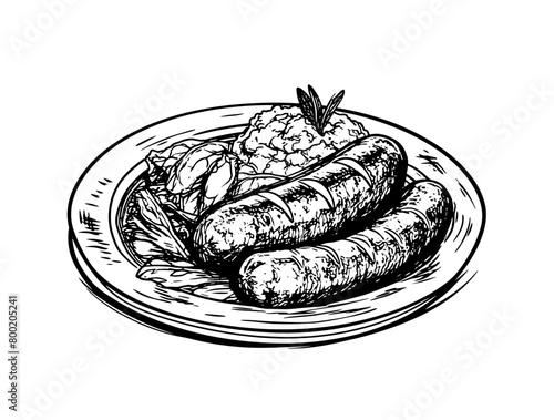 Meat sausages with mashed potatoes on a plate. Food of different countries. Black and white outline on white background. Hatching.