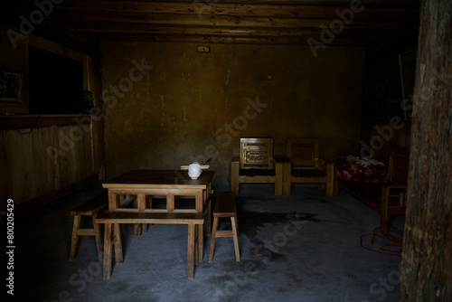 Traditional home of Lo Chai ethnic minority in Ha Giang, Vietnam with wooden furniture