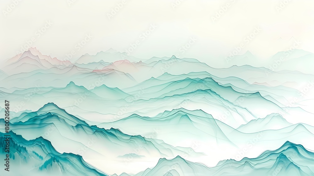 Asian Landscape Watercolor illustration, in traditional ink style: A mountain range in shades of blue and white. Asian Landscape Watercolor illustration, in traditional ink style: A mountain range in shades of blue and white.
