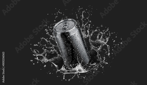 Blank black aluminum 330 ml soda can with drops splash mockup photo