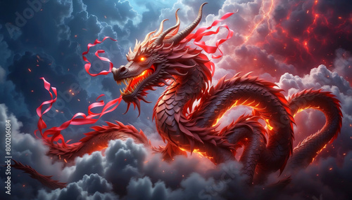 A red Chinese dragon in between the clouds © AMERO MEDIA