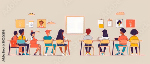 Illustrations with group of children sitting in classroom