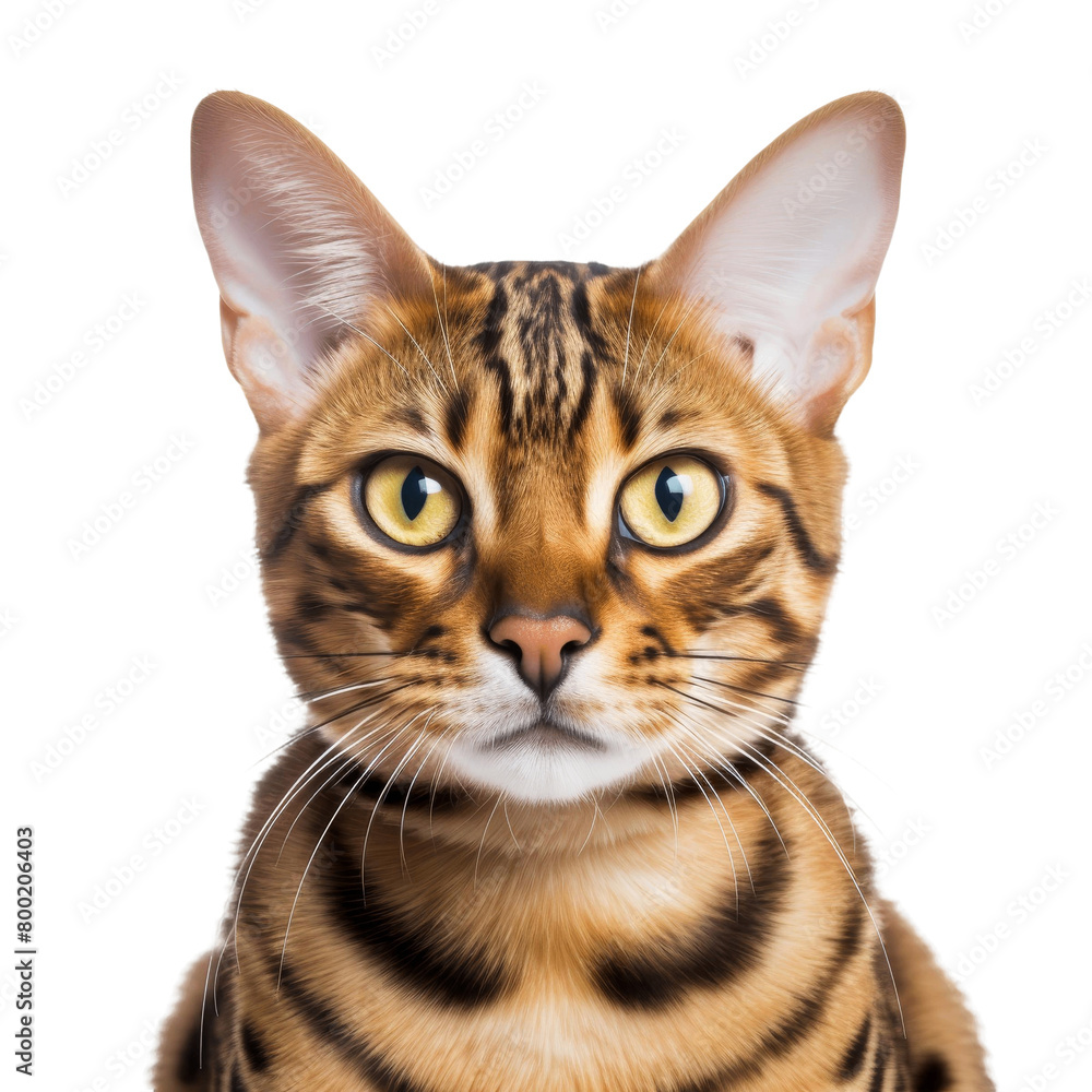A close up photo of a bengal cat with big green eyes staring at the camera.