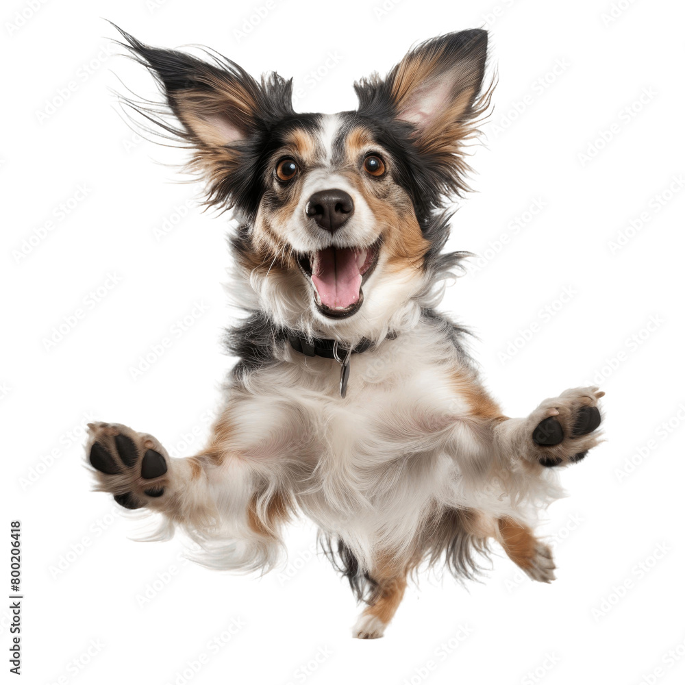 A dog is jumping in the air with its tongue out. A dog is jumping in the air with its tongue out.