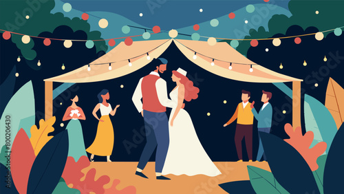 Under a canopy of ling lights the couples move in perfect unison lost in the enchanting atmosphere of a garden party.. Vector illustration