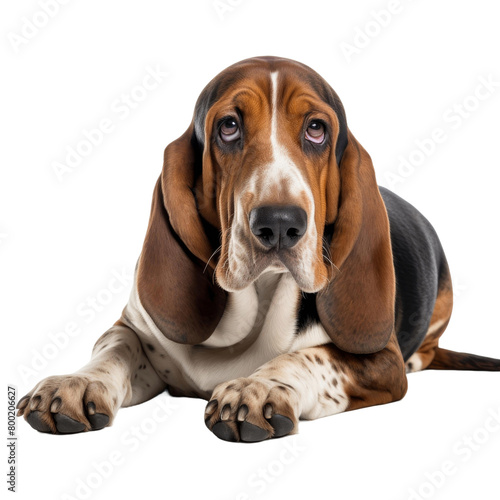A basset hound looking up with sad eyes