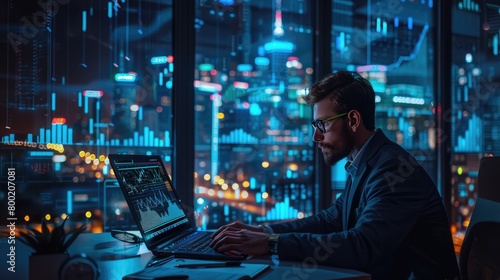 A focused analyst examines intricate data visualizations on a laptop against a city's nocturnal skyline through a high-rise window. photo