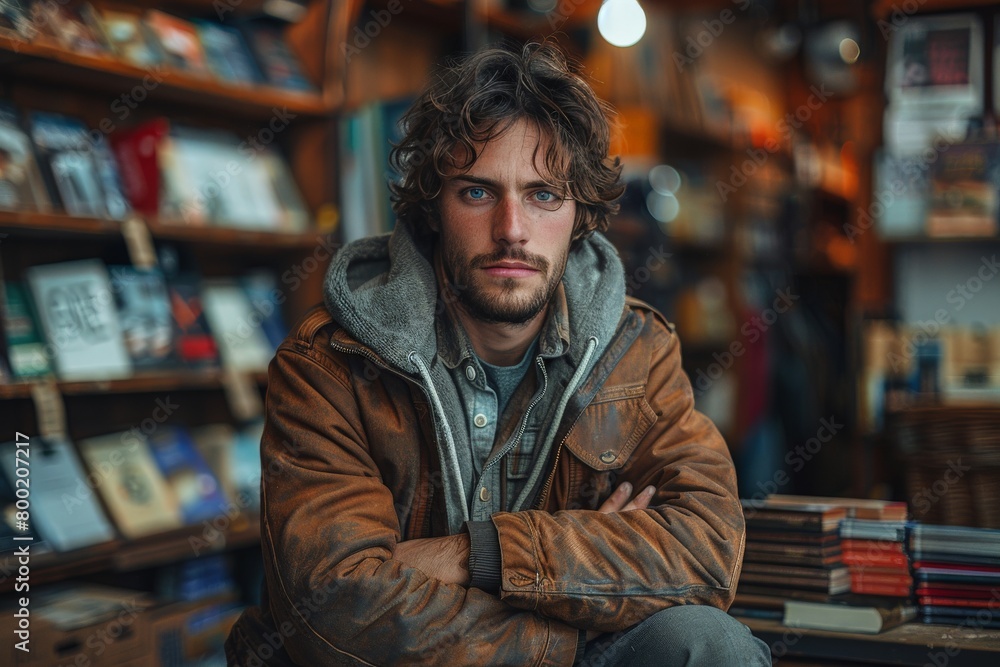 A portrait of a man with blue eyes and tousled hair, sitting in a cozy bookstore with crossed arms and a serious expression A portrait of a man with blue eyes and tousled hair, sitting in a cozy bookstore with crossed arms and a serious expression