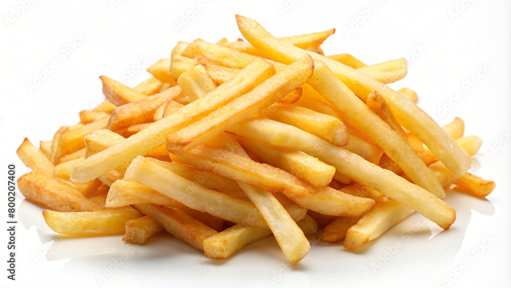 White Background French Fries: A tasty snack, isolated on a white plate, these fried potatoes are deliciously crispy and perfect for a quick meal White Background French Fries: A tasty snack, isolated on a white plate, these fried potatoes are deliciously crispy and perfect for a quick meal