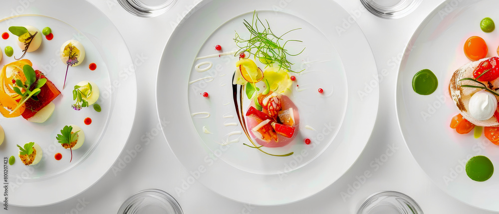 Close up three plates of exquisite food with different garnishes and sauces Close up three plates of exquisite food with different garnishes and sauces