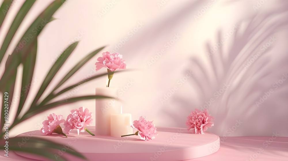 3D podium display, pastel pink background with carnations flowers. and palm leaf shadow. Minimal pedestal for beauty,cosmetic product