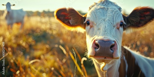 close up frontal portrait of a cow staring at camera, calf snout closeup in green farm field surroundings, copy space