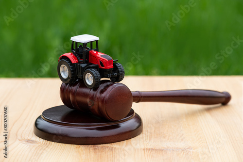 Miniature symbolic tractor and judge's gavel on a grass background
