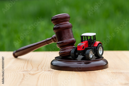 Miniature symbolic tractor and judge's gavel on a grass background
