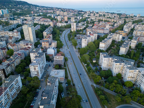 Aerial view from a drone to a road traffic in the Varna city