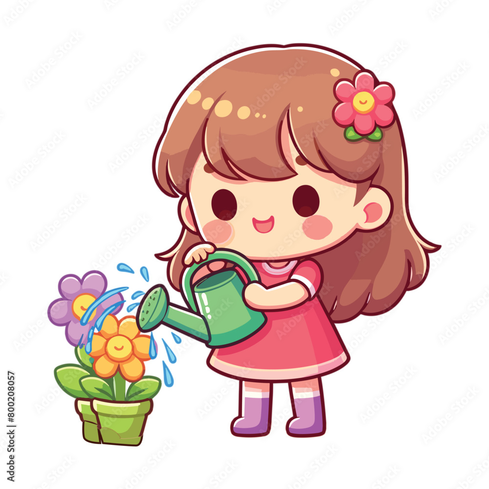 Cute little kid girl watering flower tree cartoon vector illustration Cute little kid girl watering flower tree cartoon vector illustration