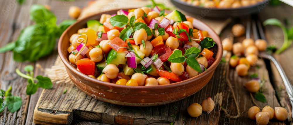 Bowl of fresh salad with variety of vegetables including chickpea, broad bean, onions, tomatoes Bowl of fresh salad with variety of vegetables including chickpea, broad bean, onions, tomatoes