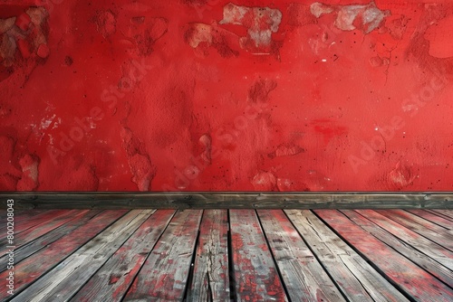 Aged Red Wall with Distressed Wooden Flooring Texture 