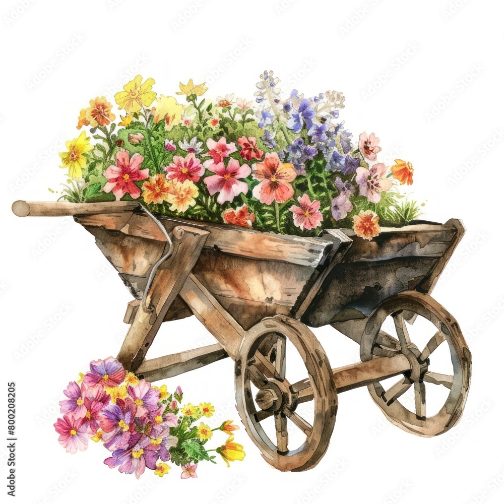 Watercolor illustration of a wooden wheelbarrow filled with blooming flowers rustic garden charm