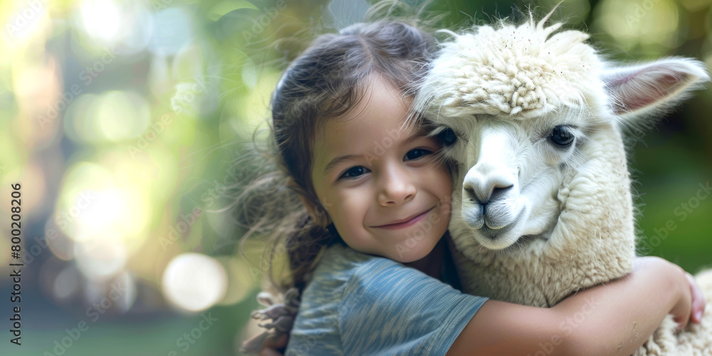 child hugging alpaca in petting zoo. kid embracing llama at farm, domestic animal zoo ad banner concept, horizontal with copy space child hugging alpaca in petting zoo. kid embracing llama at farm, domestic animal zoo ad banner concept, horizontal with copy space