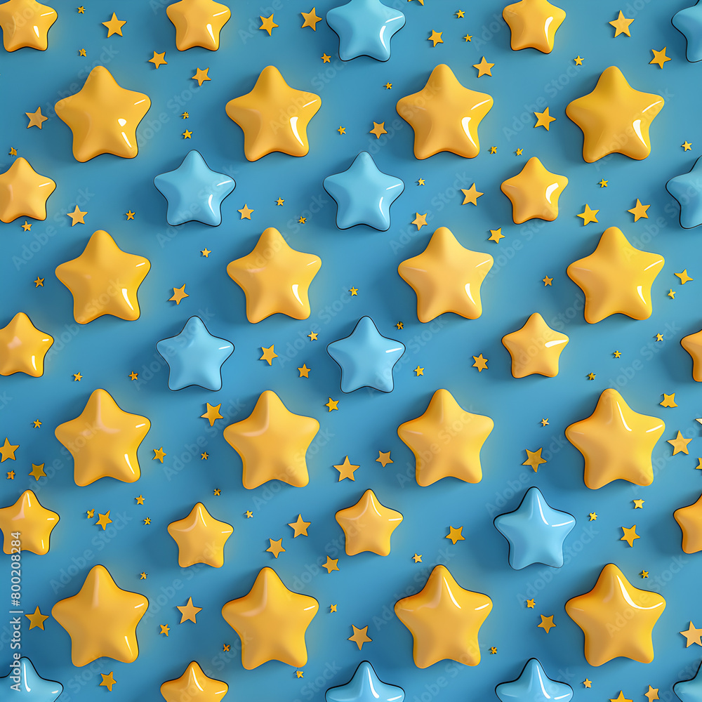 A pattern of yellow and blue stars on a blue background. The stars are made of plastic and are arranged in a way that creates a sense of depth and dimension. Generative AI