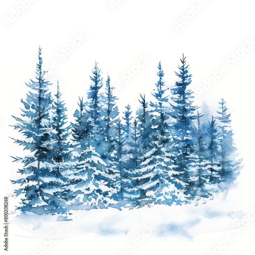 Watercolor illustration of a snowy forest scene quiet and pristine white © Nisit