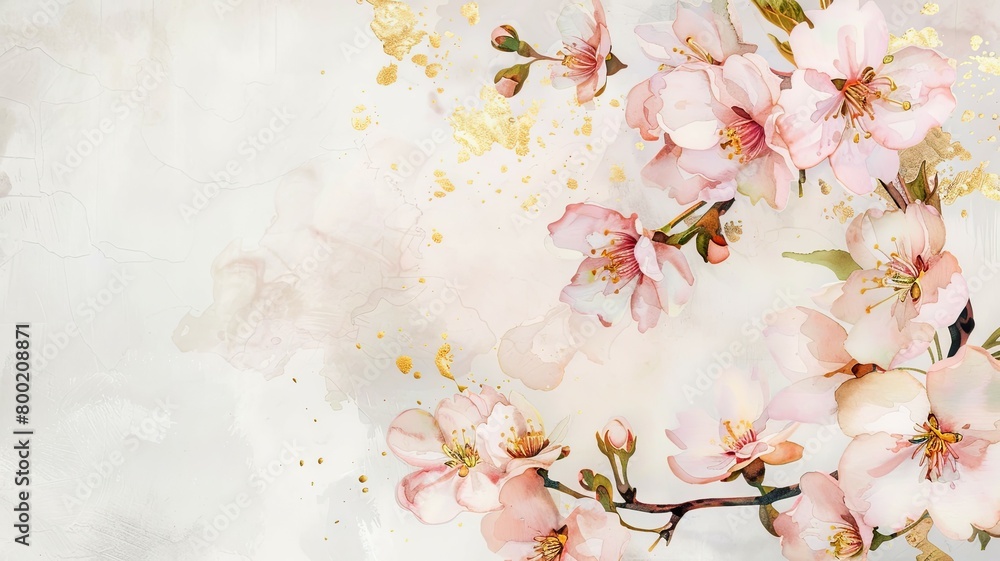 Delicate Watercolor Bouquet of Cherry Blossoms Adorned with Elegant Gold Frame