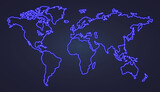 Neon hand drawn outline of a world map. Neon continents drawing
