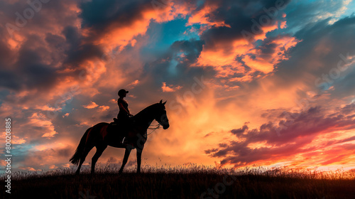 A stunning visual of a lone rider and horse against an orange sky during golden hour, conveying peace