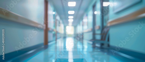 Blurred hospital large hallway with blue atmosphere and lights