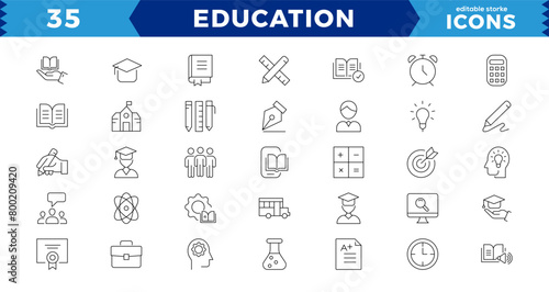 Education Line pixel Perfect Icons set.modern thin line style of school icons: school subjects, supplies, science, and online learning. Isolated on white editable stroke icons.