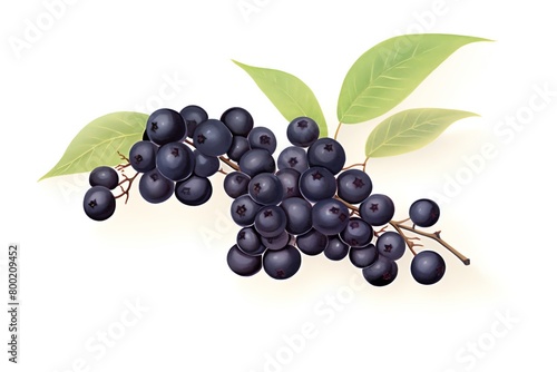 A group of small, dark elderberries, their intense color and tiny size highlighted against a white background, ideal for showcasing their use in nutritious recipes. cartoon drawing, water color style,