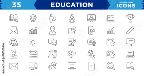 Education Line pixel Perfect Icons set.modern thin line style of school icons: school subjects, supplies, science, and online learning. Isolated on white editable stroke icons.
