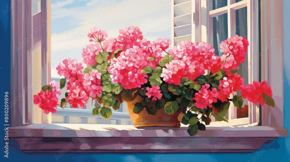 Fototapeta premium Beautiful geraniums on a balcony art painting.