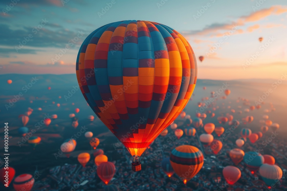Naklejka premium A breathtaking aerial view of vibrant hot air balloons flying over a picturesque landscape at dawn