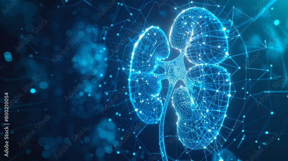 The structure of the kidneys is formed by a framework of light connections (lines and dots), which impressively emphasizes the complex network of veins and arteries.Modern technologies and medicine