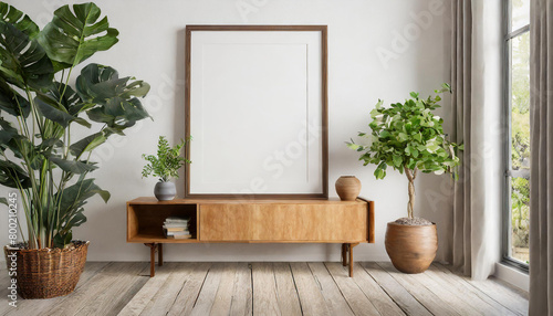 blank frame mockup on white wall living room with wooden sideboard with green plant photo