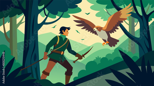 A falconer and his bird navigate through a thick forest the falcon expertly maneuvering between trees and branches a testament to the incredible skill. Vector illustration