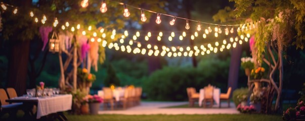 blurry garden wedding background decorated with fairy lights in summer