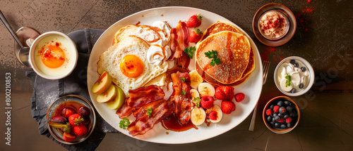 A top view plate of breakfast food with bacon, eggs, and fruit
