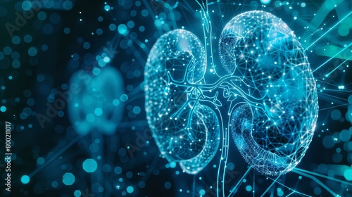 Anatomical Organ of human kidneys Structure with Illuminated Points and Lines - Exploring Excretory System Health, Modern Medicine, and Technological Advancement.