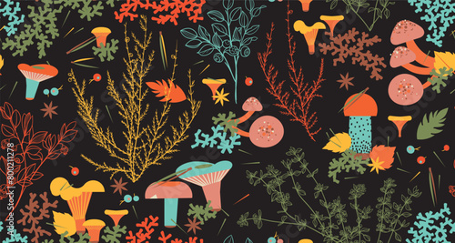 Forest pattern with mushrooms and bushes. Vector illustration