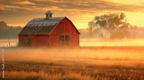 Classic red barn on a misty morning golden sunrise