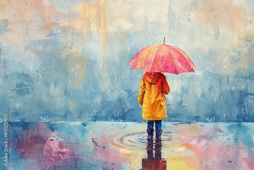 A boy standing at the edge of a puddle, while holding onto his umbrella and wearing a raincoat.