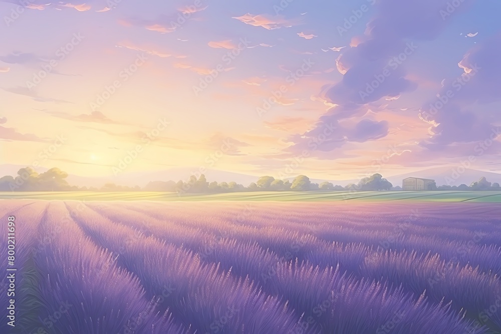 Craft a digital CG 3D rendering of fragrant lavender fields stretching to the horizon, the sunlight dappling through the rich green leaves, inviting viewers to breathe in the calming aroma. cartoon dr