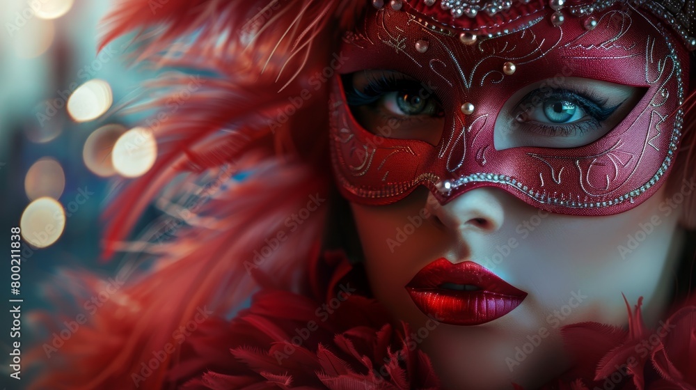 Beautiful young woman with Venetian mask and red feathers